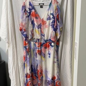 DKNY V-Neck Floral Midi Dress - Red, Purple, Blue